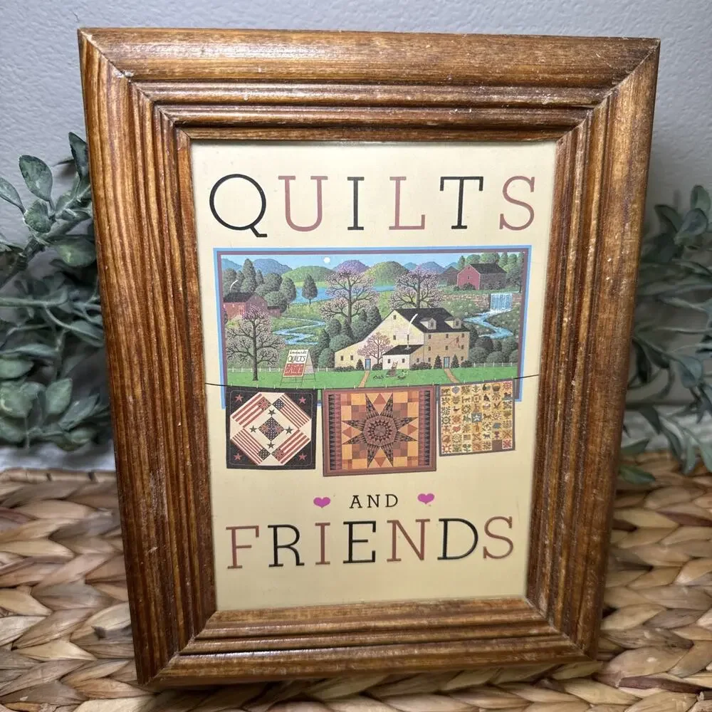 Quilts & Friends Picture Glass Top Keepsake Box Wood Sewing Jewelry Storage Vtg